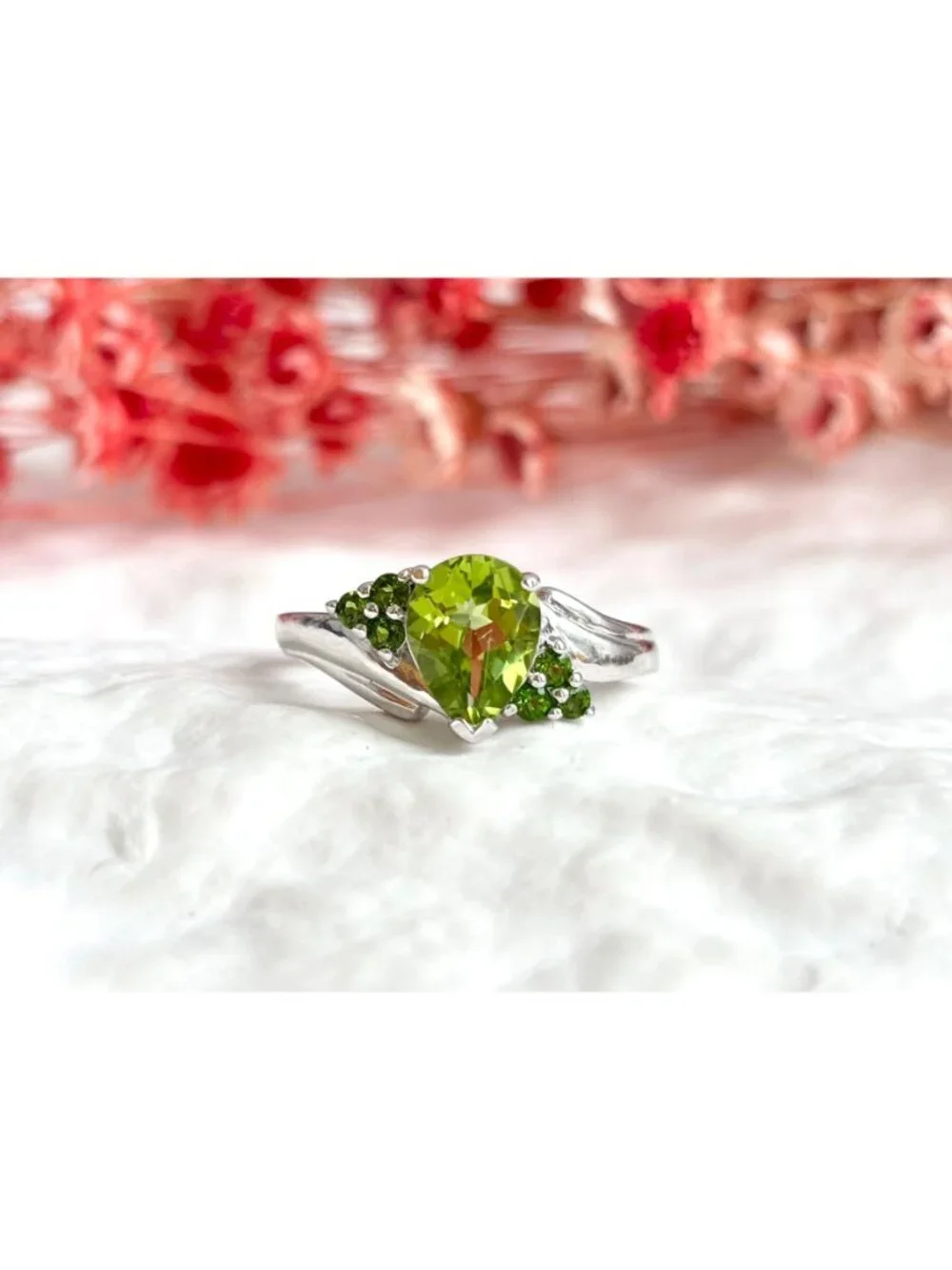 Thai Made Pear Cut Multi Stone Peridot Sterling Silver 925 Vintage Ring sz 7.75